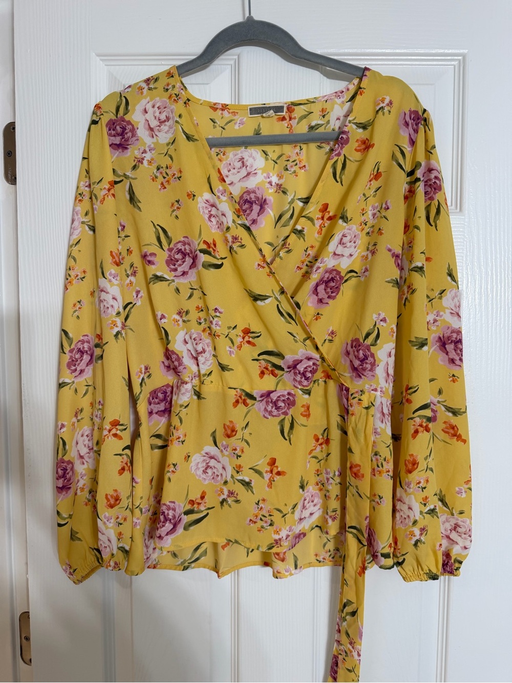 Pleione Yellow Floral Wrap Blouse with Purple and Pink Roses
